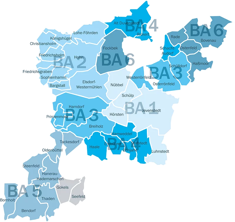 Zu sehen ist eine Karte des Verbandsgebietes, in der die unterschiedlichen Bauabschnitte gekennzeichnet sind.