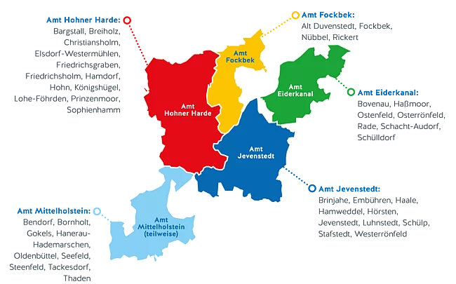 Die Grafik zeigt die Umrisse der zugehörigen Ämter und listet die teilnehmenden Gemeinden auf.